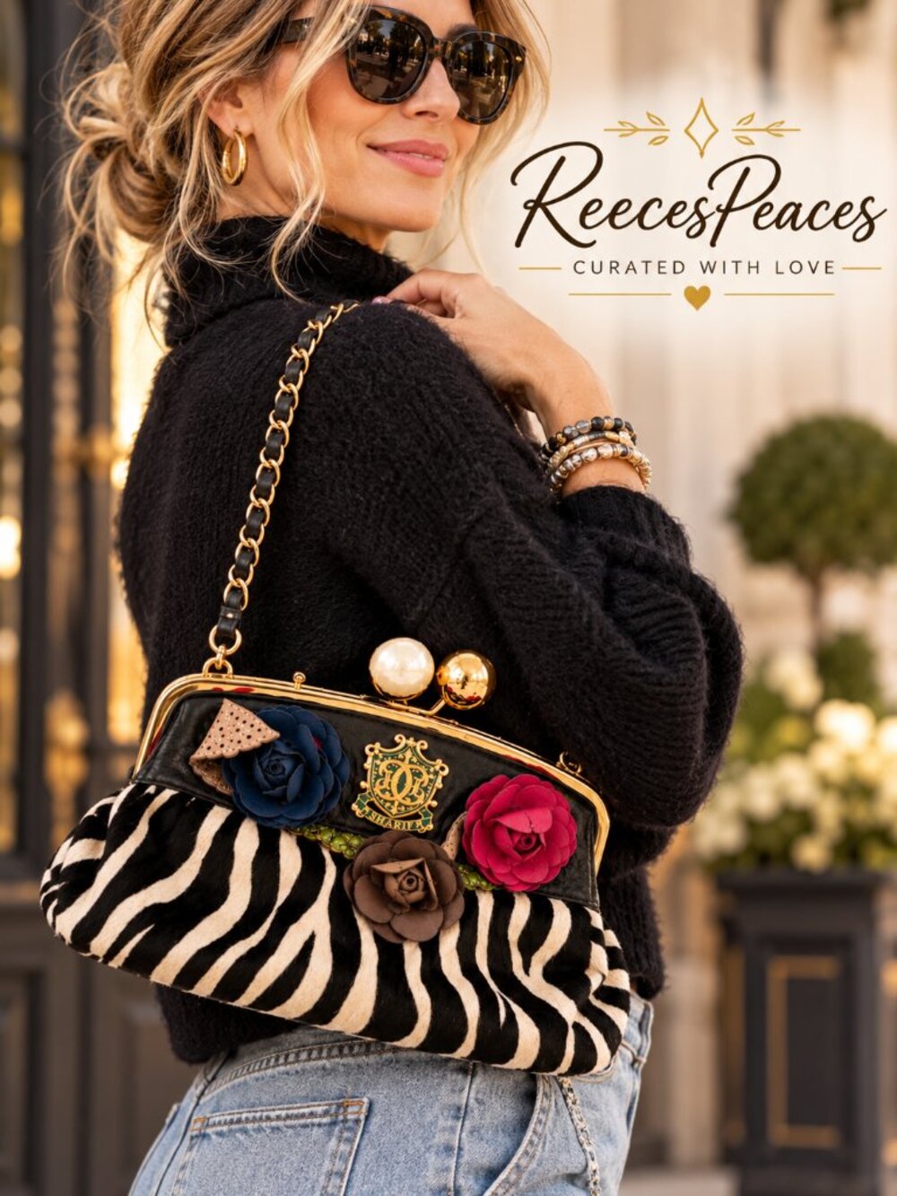 Vintage Sharif Couture Zebra Haircalf Floral Handbag Model 119-200